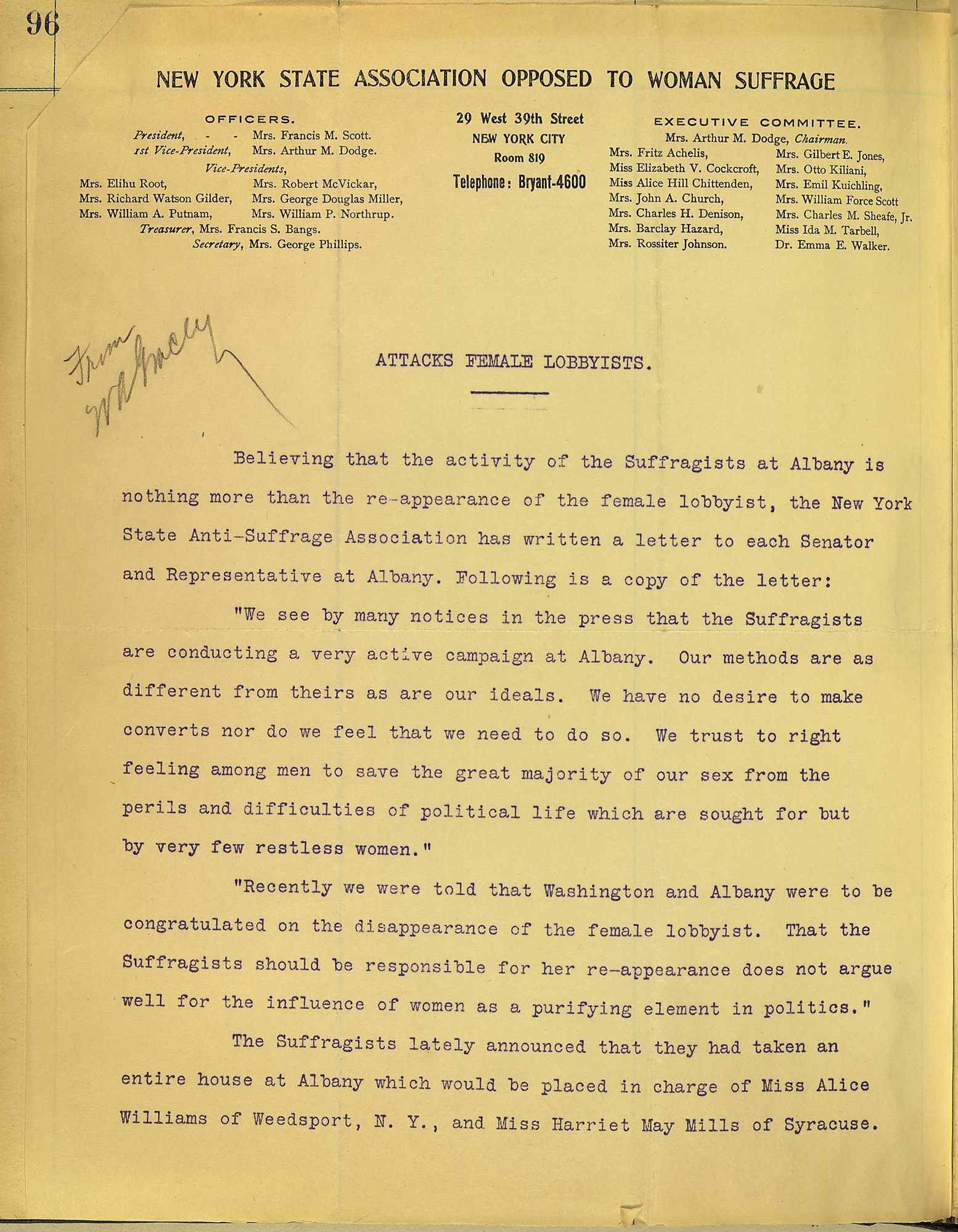 Letter Against Female Lobbyists